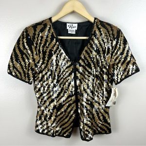 VTG Reggio 100% Silk Sequin Blouse Size Small Tiger Animal Print Glam Deadstock
